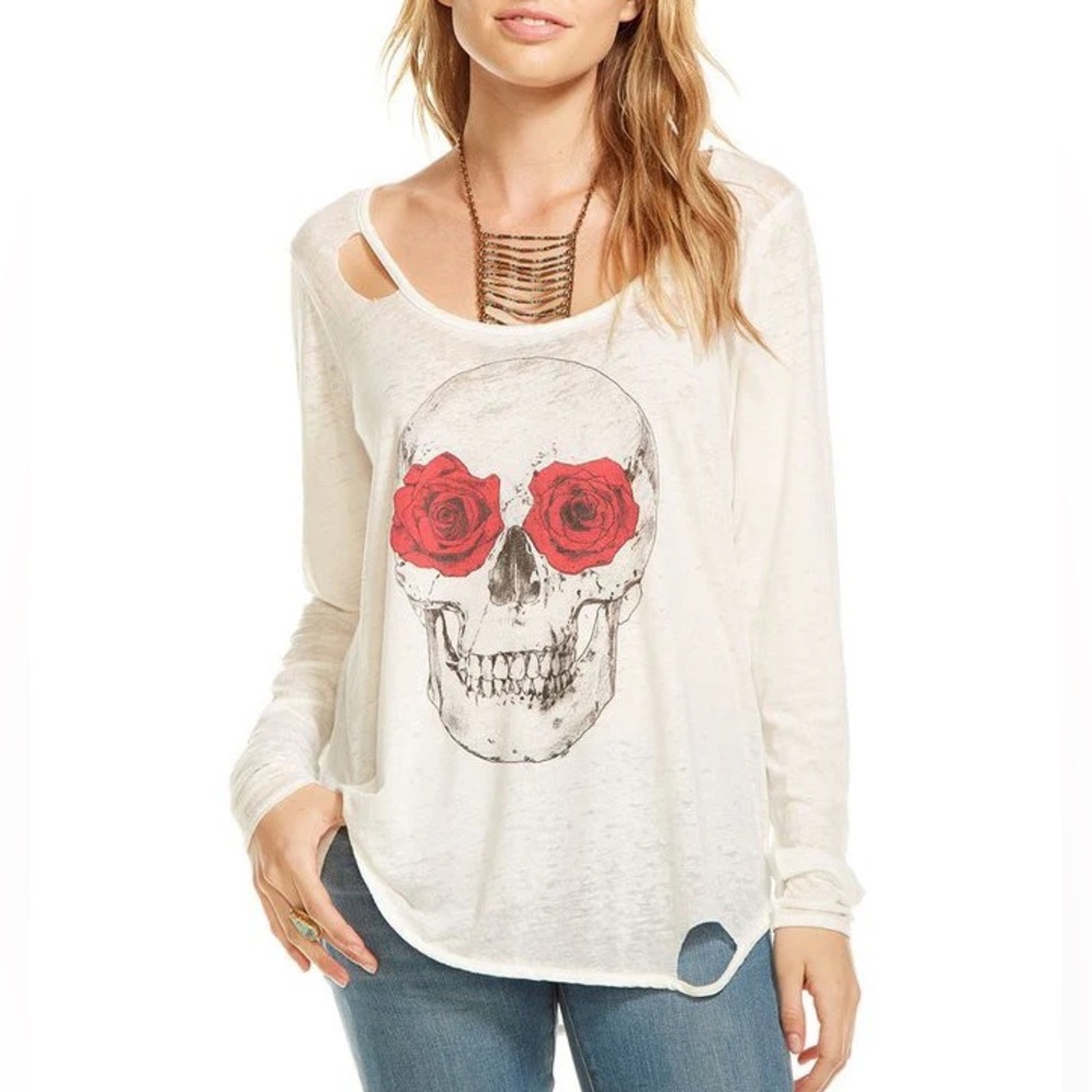 Chaser Skull Rose Eyes Burnout Cutout Long Sleeve Shirt NWT